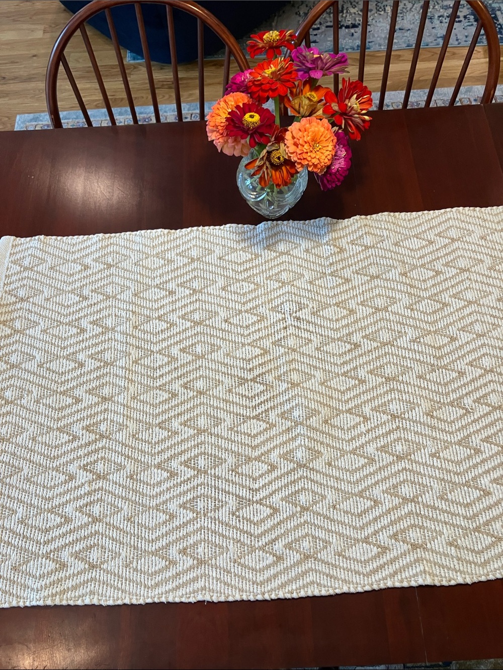 Cream and Beige Geometric Pattern Cotton Throw Rug machine washable